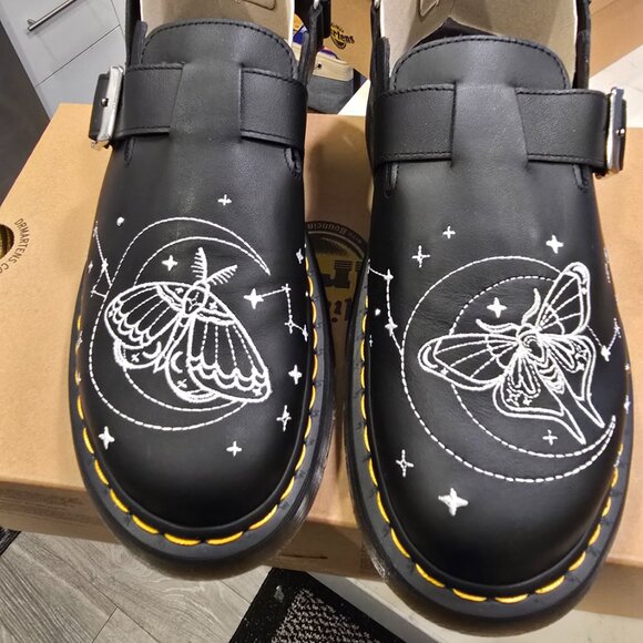 Dr. Martens Jorge II Celestial Moth Embroidered Black Leather Mules Men's Sz 12 - Picture 4 of 10